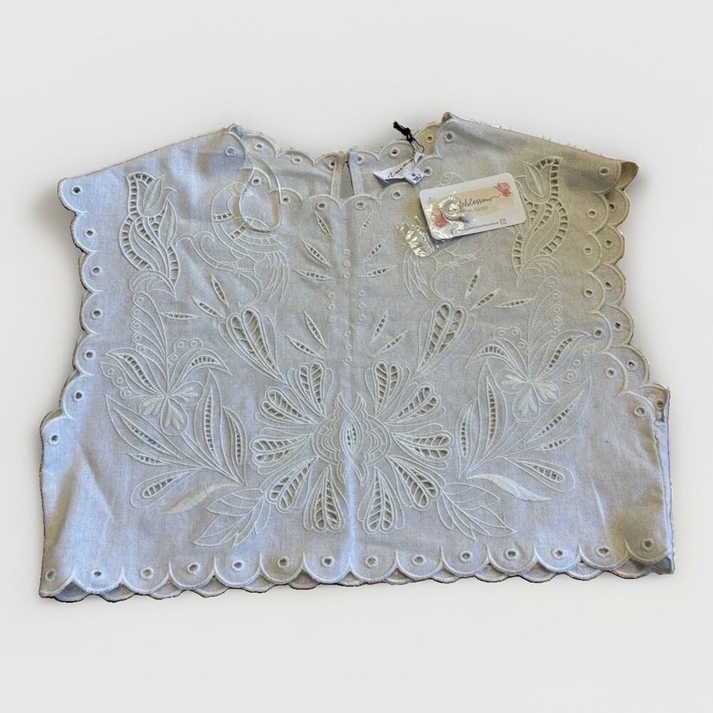 Anthropologie Linen Blend CUTWORK Embroidered Cutout Top IVORY S